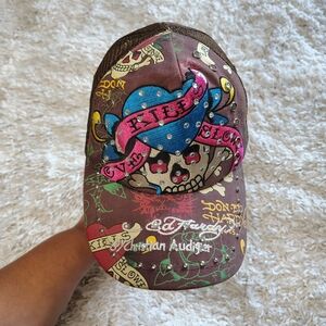 Christian Audigier Kids Brown Cap with Blue & Pink Heart Graphic